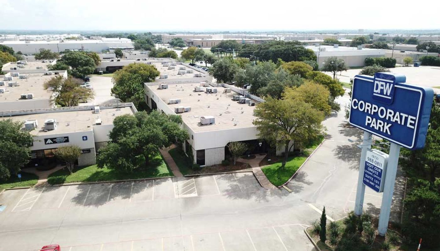 aerial view of DFW Corporate Park office and warehouse park located between Dallas and Fort Worth, Texas